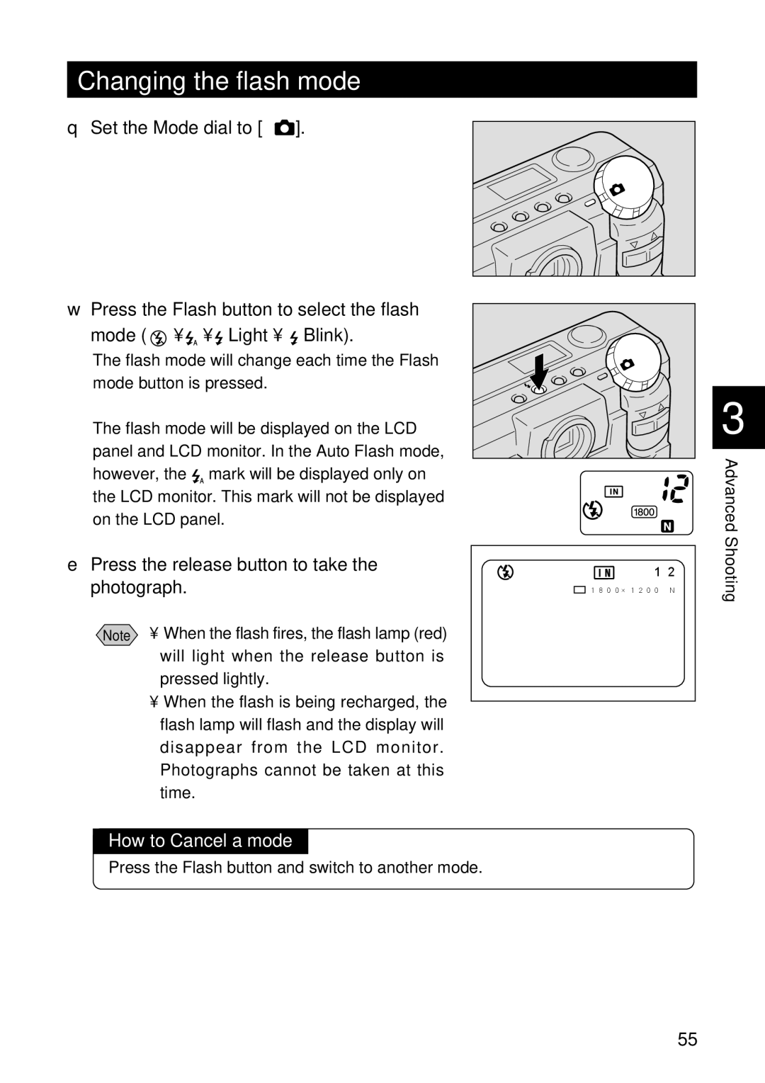 Ricoh RDC-5300 Changing the flash mode, Press the release button to take the photograph, How to Cancel a mode, Advanced 