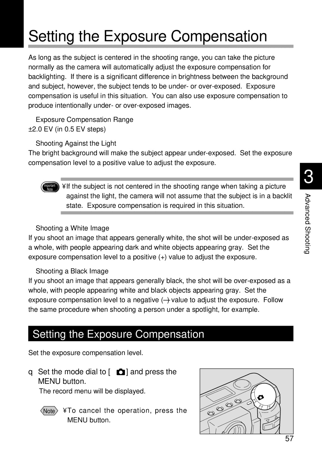 Ricoh RDC-5300 manual Setting the Exposure Compensation, Set the mode dial to Press Menu button 