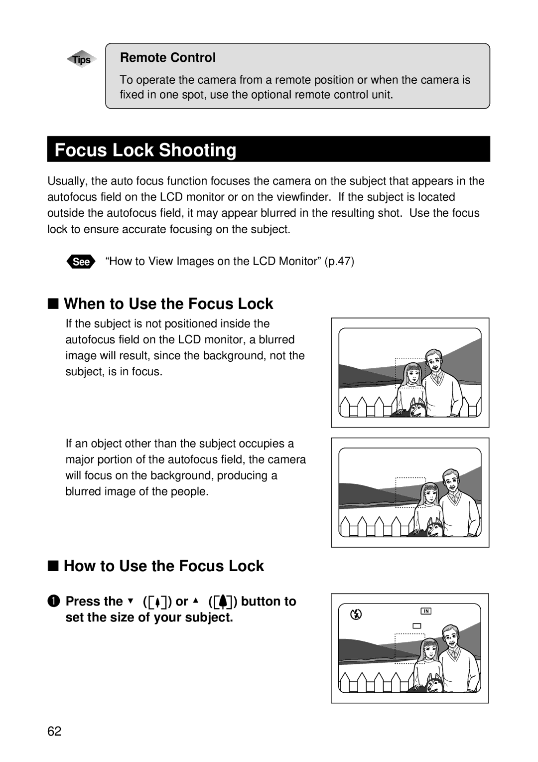 Ricoh RDC-5300 manual Focus Lock Shooting, When to Use the Focus Lock, How to Use the Focus Lock, Tips Remote Control 