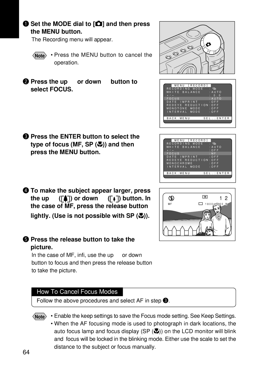 Ricoh RDC-5300 manual Set the Mode dial to and then press the Menu button, Press the up or down button to select Focus 