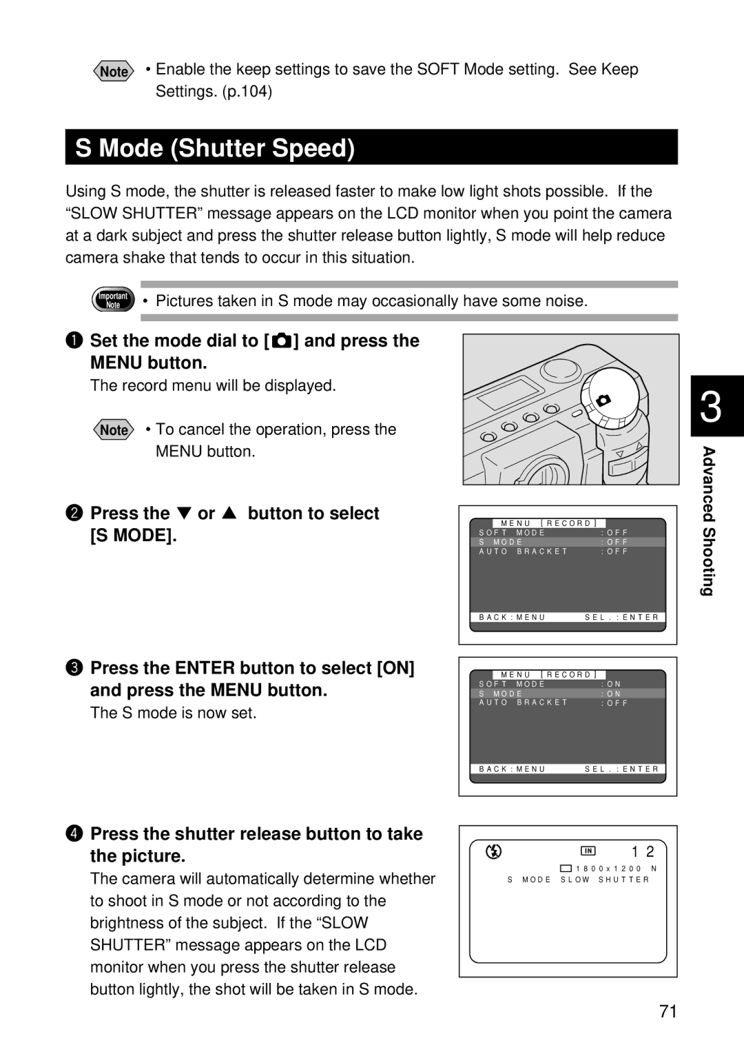 Ricoh RDC-5300 manual Mode Shutter Speed, Press the or button to select S Mode 