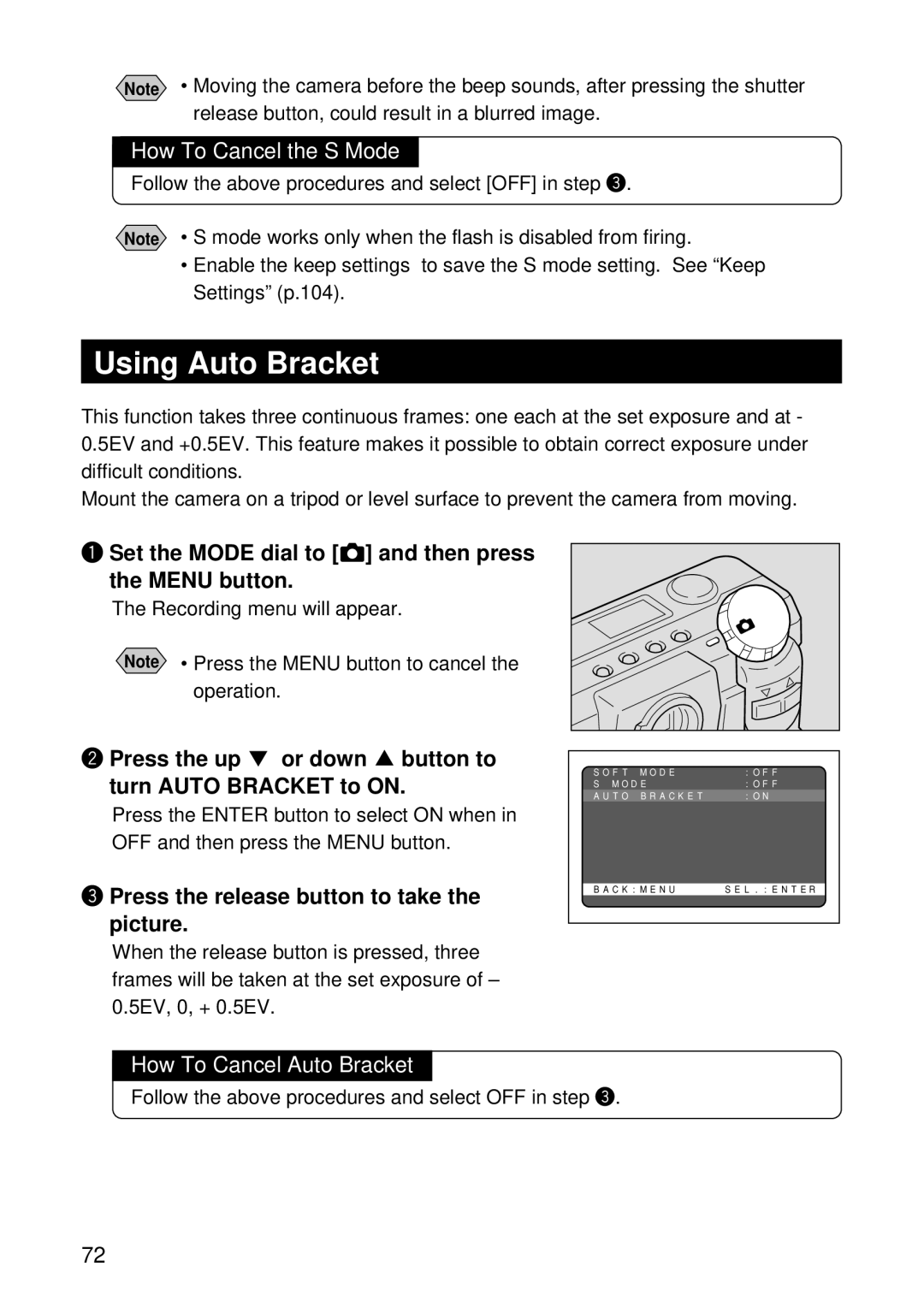 Ricoh RDC-5300 manual Using Auto Bracket, How To Cancel the S Mode, Press the up or down button to turn Auto Bracket to on 