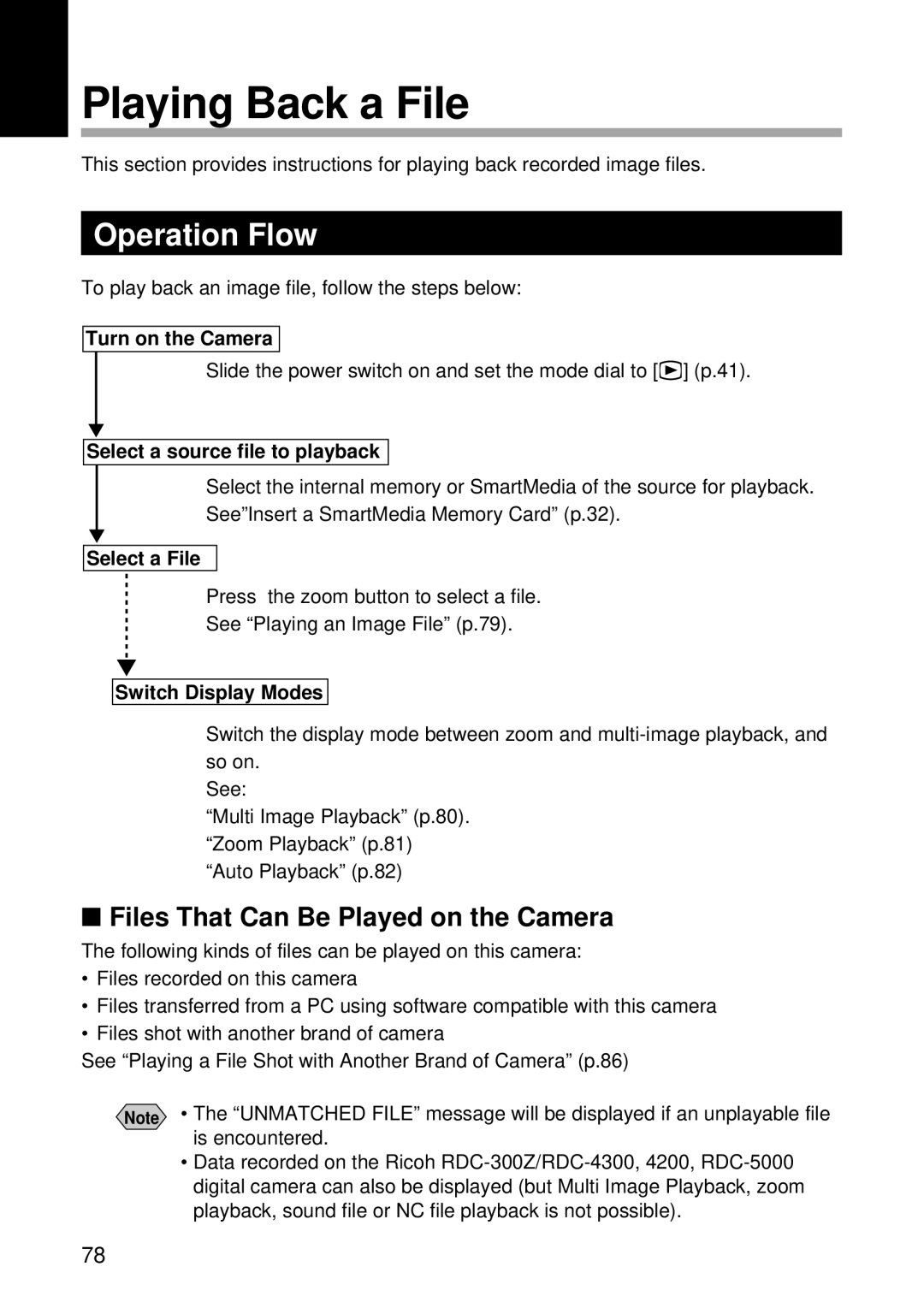 Ricoh RDC-5300 manual Playing Back a File, Files That Can Be Played on the Camera, Select a source file to playback 