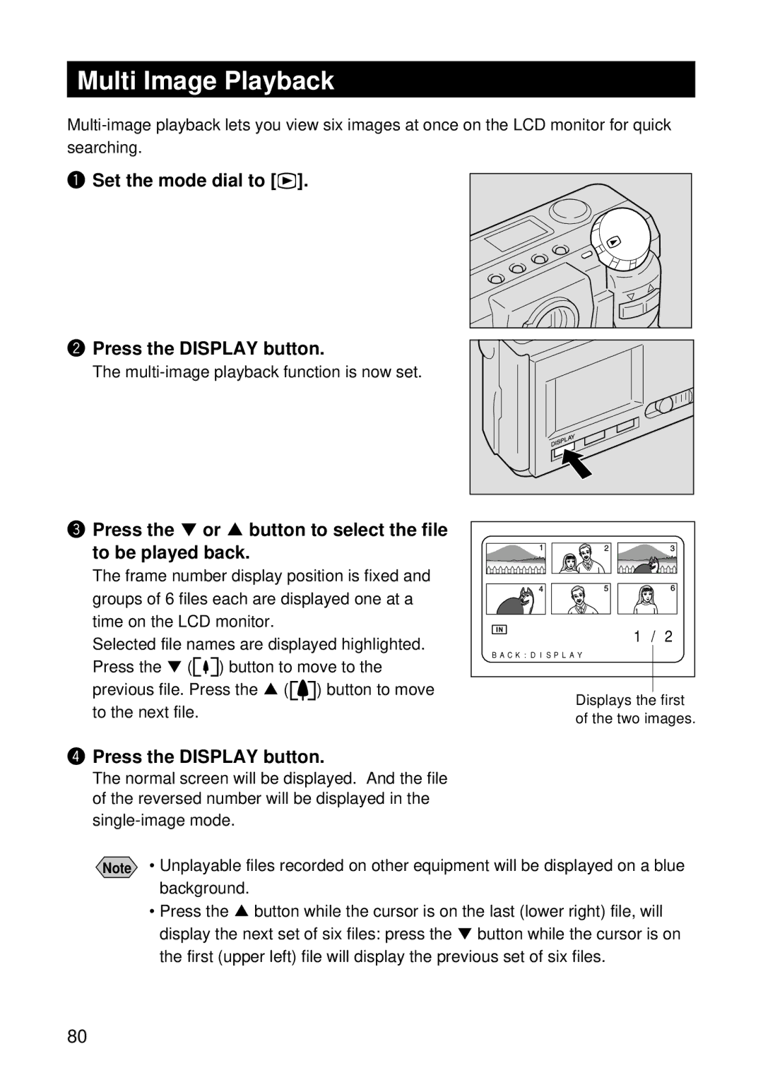 Ricoh RDC-5300 manual Multi Image Playback, Set the mode dial to Press the Display button 