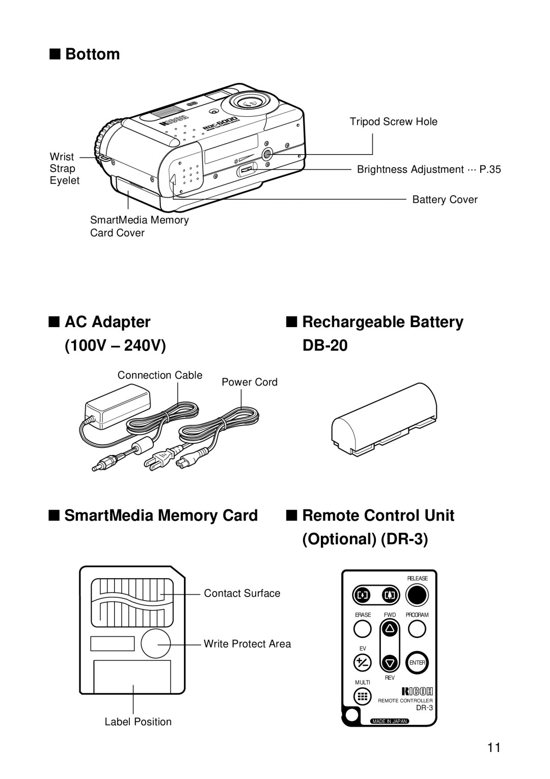 Ricoh RDC-6000 operation manual Bottom, AC Adapter Rechargeable Battery 100V DB-20 