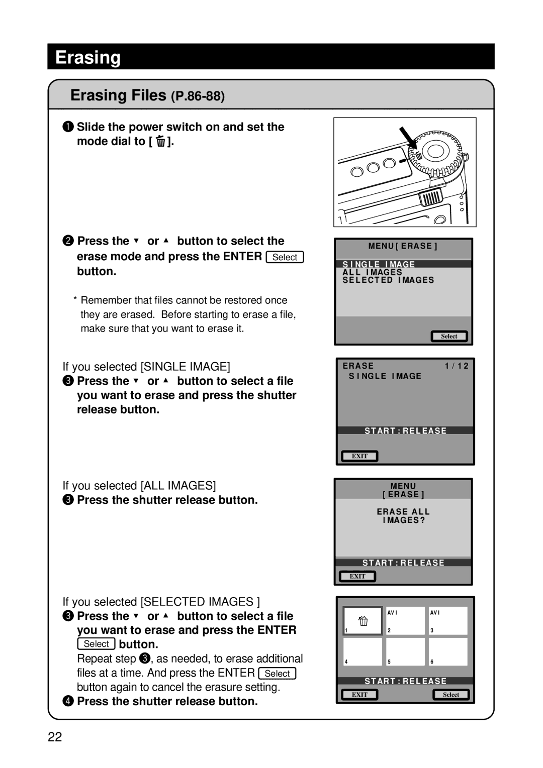 Ricoh RDC-6000 operation manual Erasing Files P.86-88, Press the shutter release button 