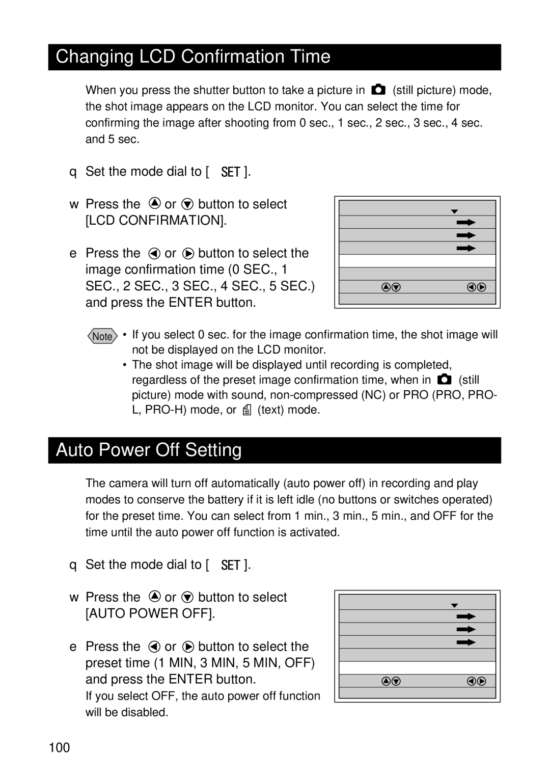 Ricoh RDC-7 Changing LCD Confirmation Time, Auto Power Off Setting, Set the mode dial to Press the or button to select 