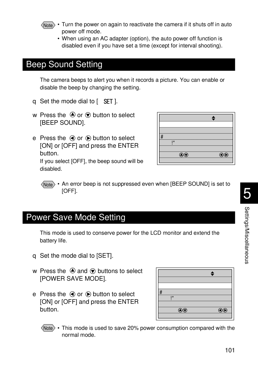 Ricoh RDC-7 Beep Sound Setting, Power Save Mode Setting, Set the mode dial to SET Press the and buttons to select, 101 