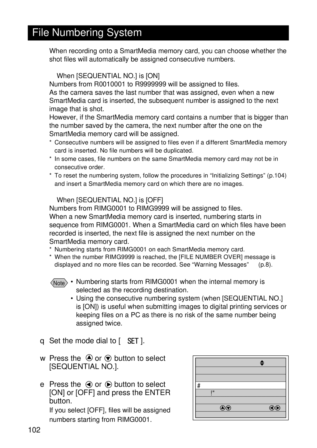 Ricoh RDC-7 manual File Numbering System, 102, When Sequential NO. is on, When Sequential NO. is OFF 