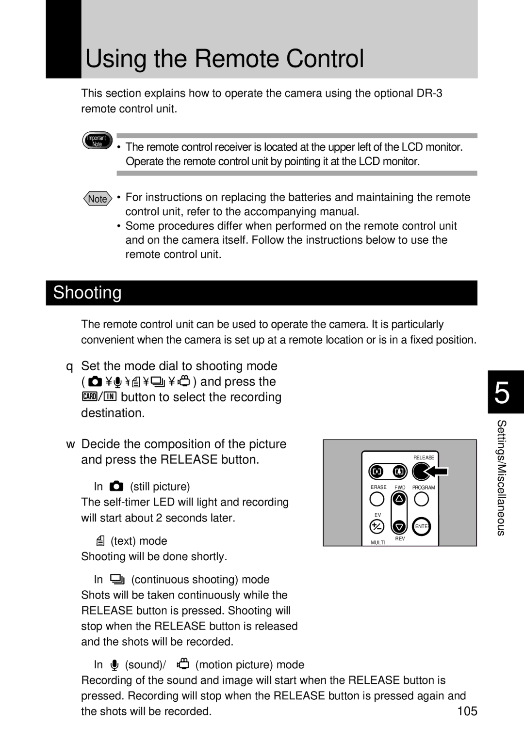 Ricoh RDC-7 manual Using the Remote Control, 105 