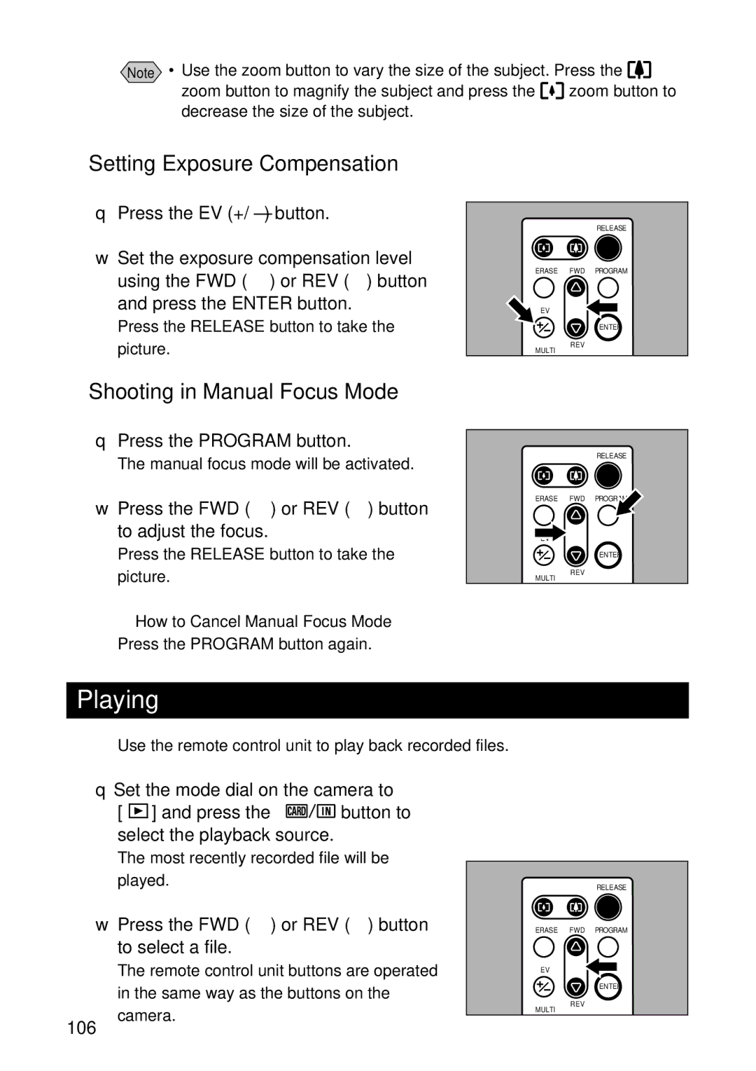 Ricoh RDC-7 manual Playing, Setting Exposure Compensation, Shooting in Manual Focus Mode 