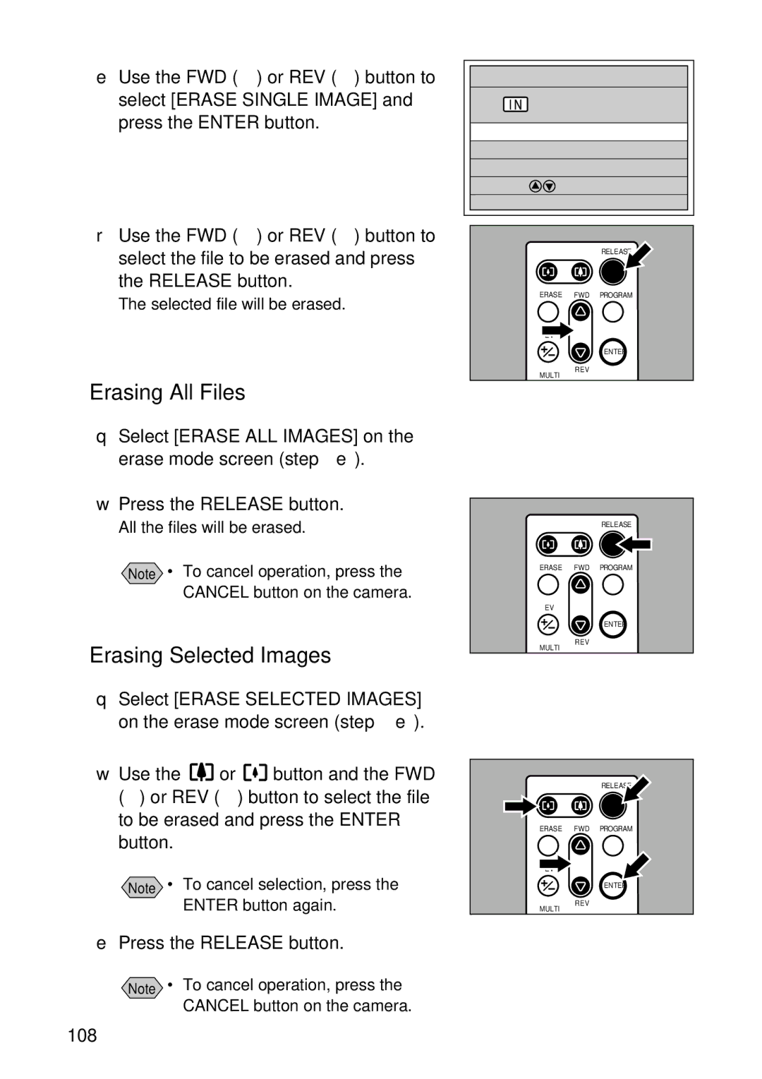 Ricoh RDC-7 manual Erasing All Files, Erasing Selected Images, 108 