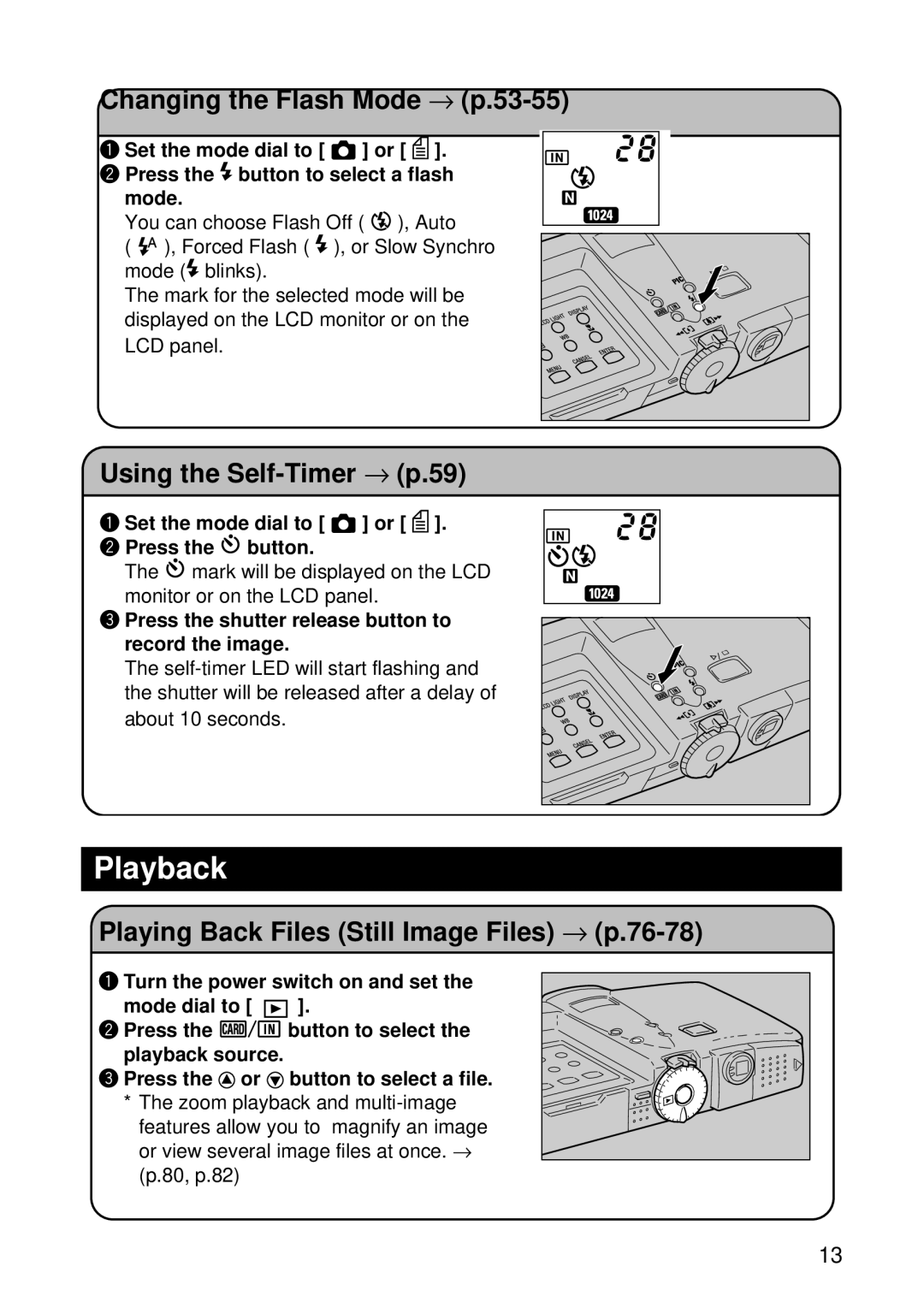 Ricoh RDC-7 manual Playback, 53-55, Using the Self-Timer → p.59, Playing Back Files Still Image Files → 76-78 