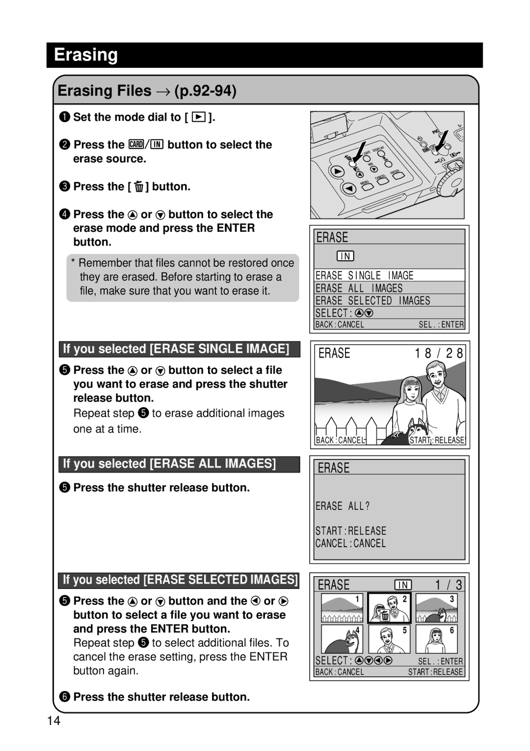 Ricoh RDC-7 manual Erasing Files → p.92-94, Press the shutter release button 