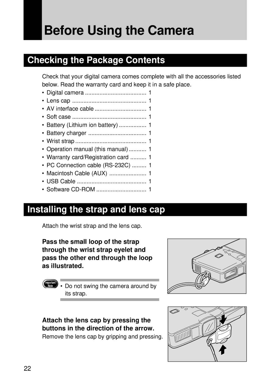 Ricoh RDC-7 manual Before Using the Camera, Checking the Package Contents, Installing the strap and lens cap 