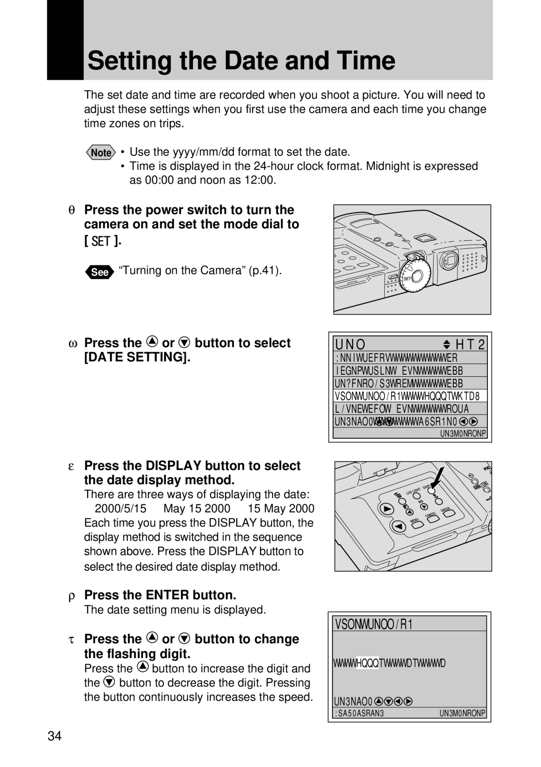 Ricoh RDC-7 manual Setting the Date and Time, Press the Enter button, Press the or button to change the flashing digit 