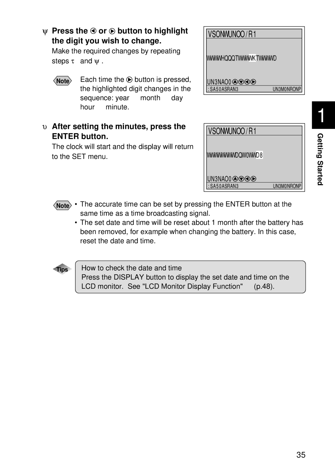 Ricoh RDC-7 manual After setting the minutes, press Enter button, Getting Started 