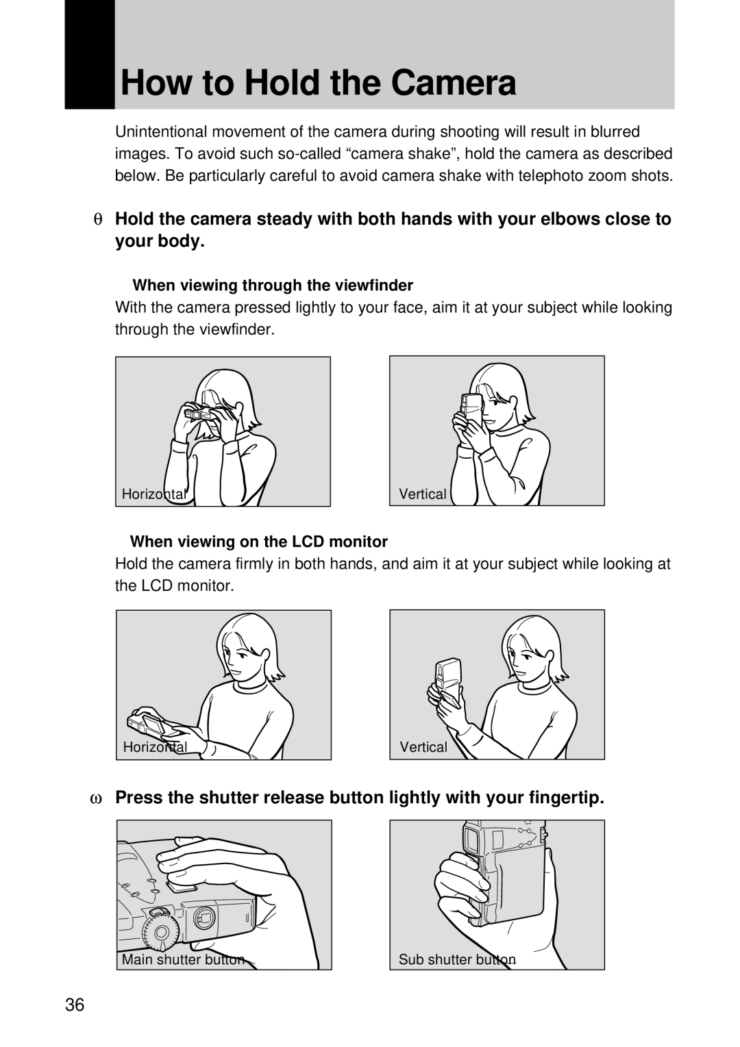 Ricoh RDC-7 manual How to Hold the Camera, When viewing through the viewfinder, When viewing on the LCD monitor 