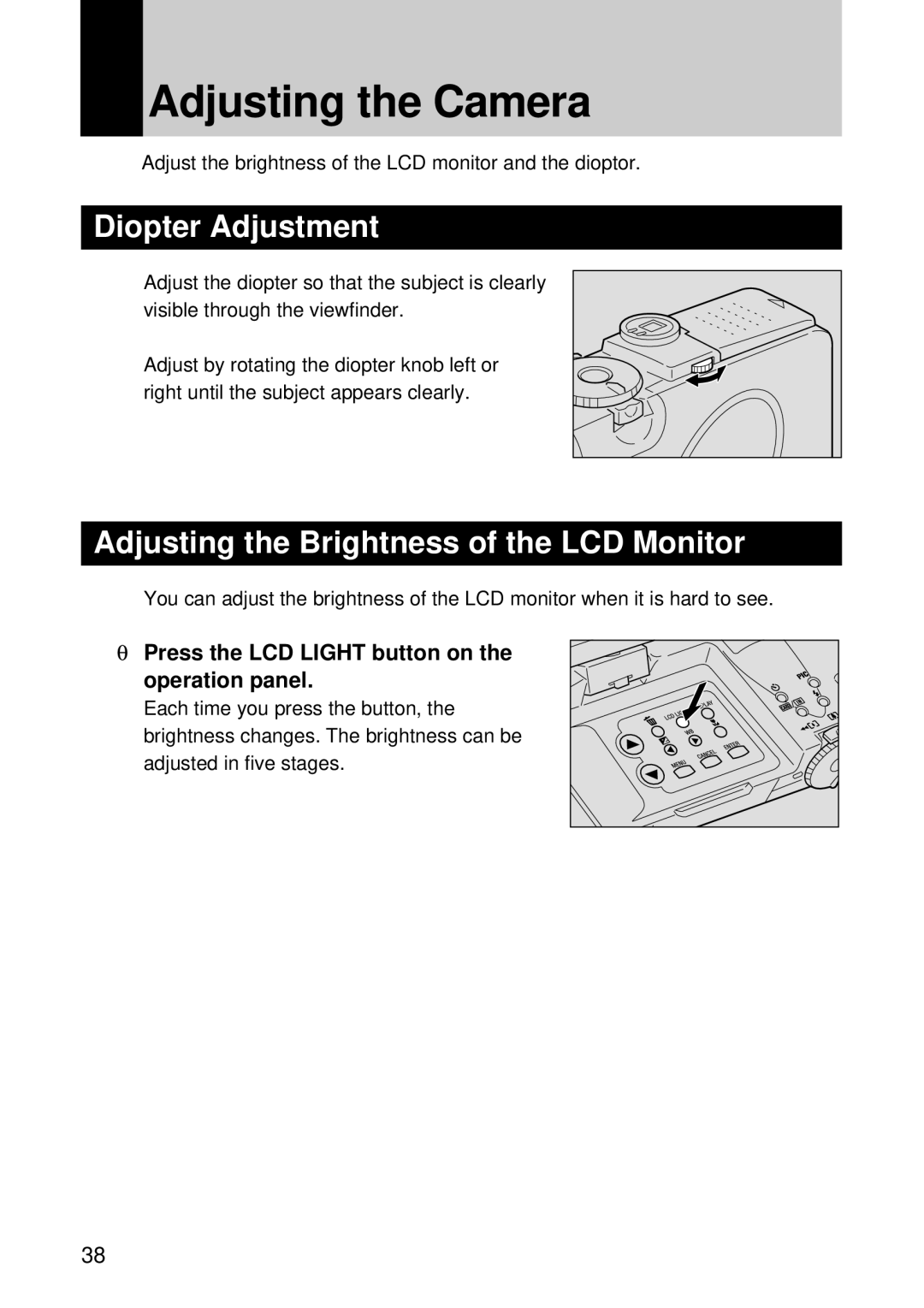 Ricoh RDC-7 manual Adjusting the Camera, Diopter Adjustment, Adjusting the Brightness of the LCD Monitor 