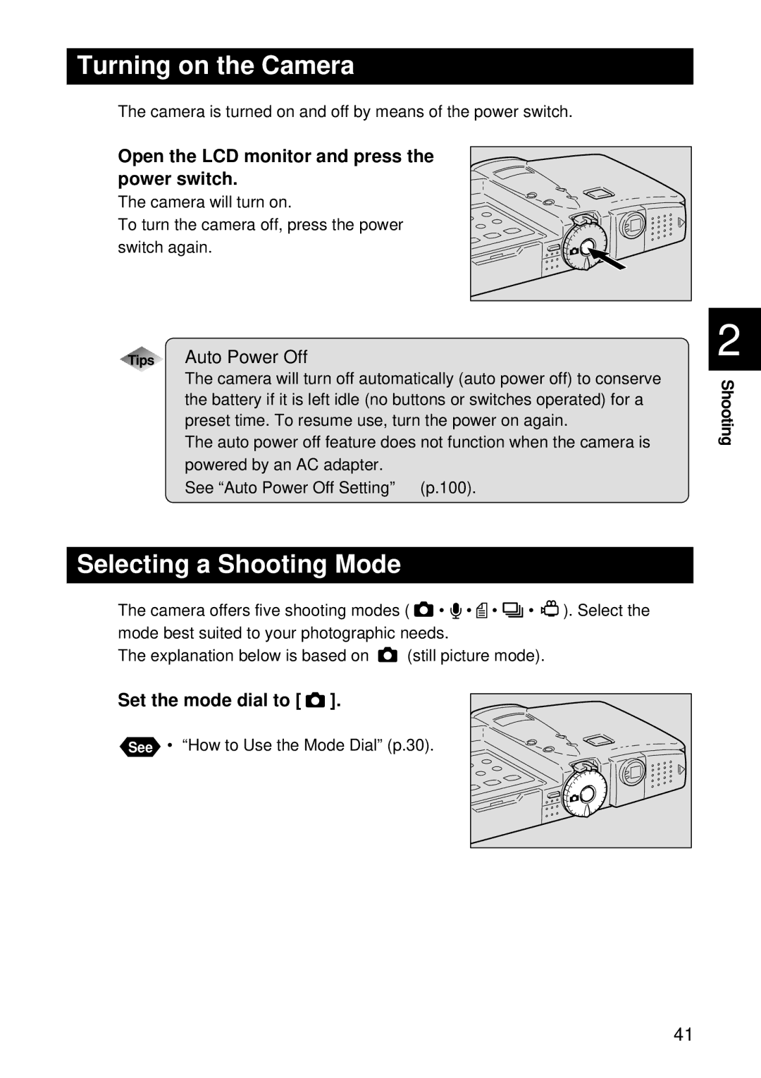 Ricoh RDC-7 manual Turning on the Camera, Selecting a Shooting Mode, Open the LCD monitor and press the power switch 