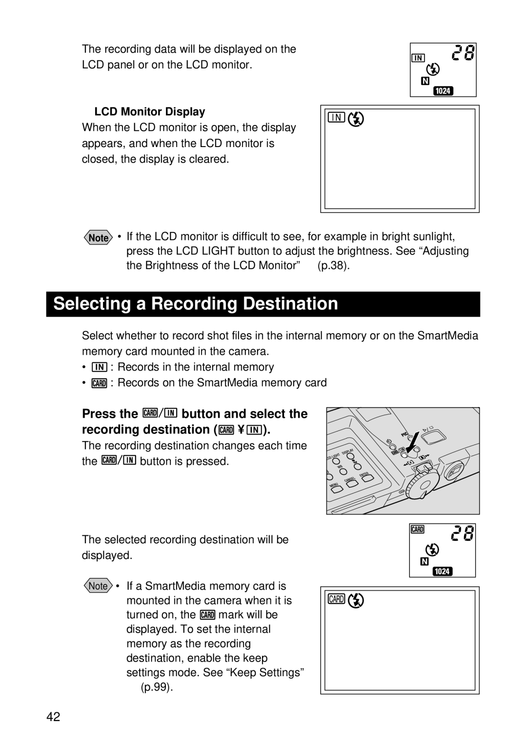 Ricoh RDC-7 Selecting a Recording Destination, Press the button and select the recording destination, LCD Monitor Display 