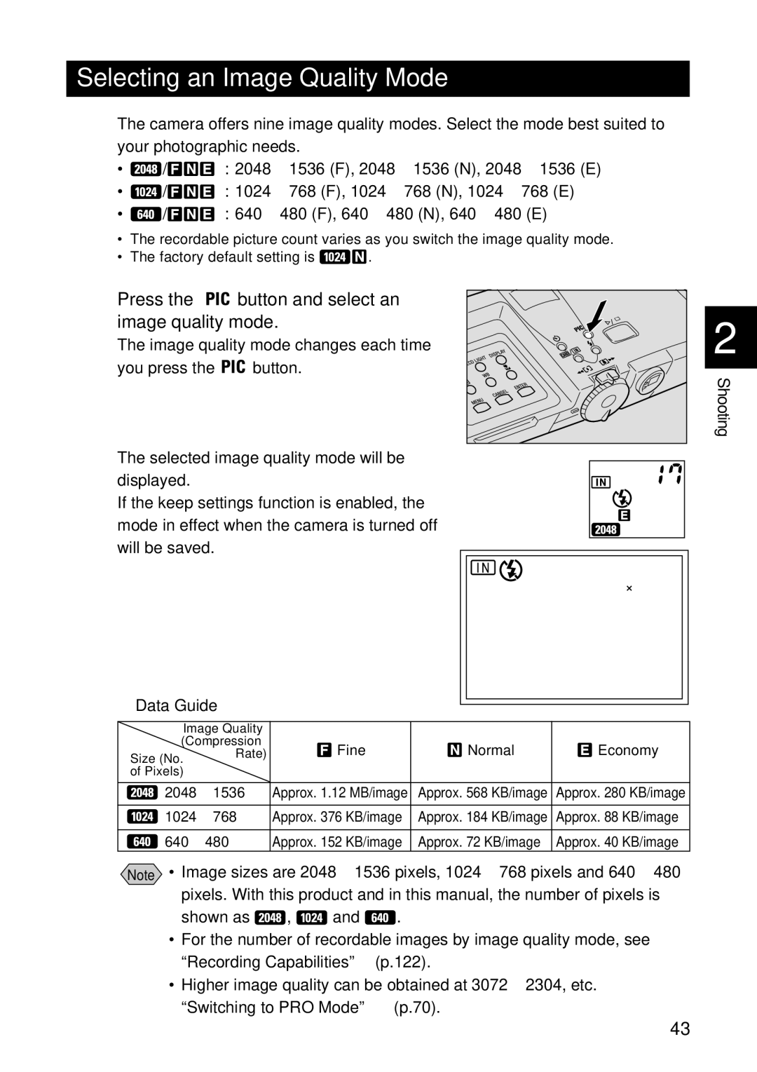 Ricoh RDC-7 manual Selecting an Image Quality Mode, Press Button and select an Image quality mode, Data Guide 