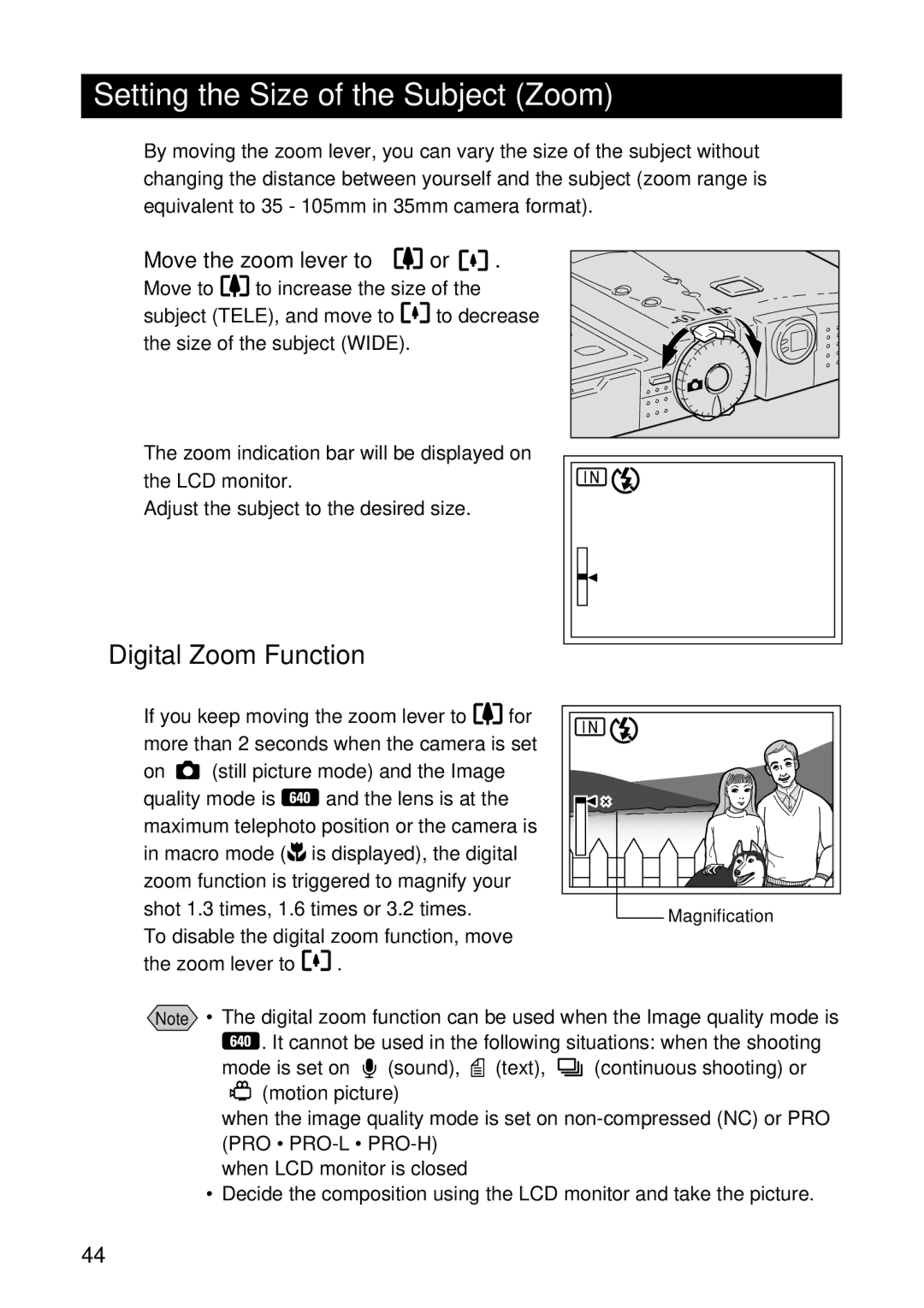 Ricoh RDC-7 manual Setting the Size of the Subject Zoom, Digital Zoom Function, Move the zoom lever to 