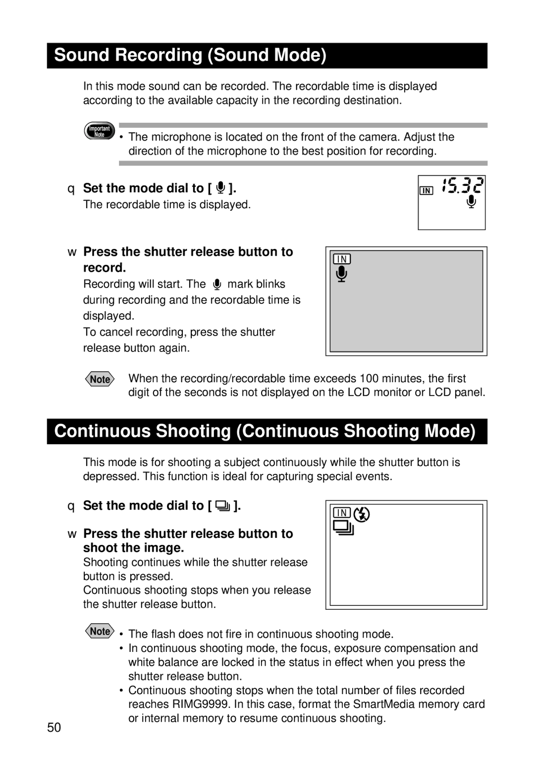 Ricoh RDC-7 manual Sound Recording Sound Mode, Continuous Shooting Continuous Shooting Mode 