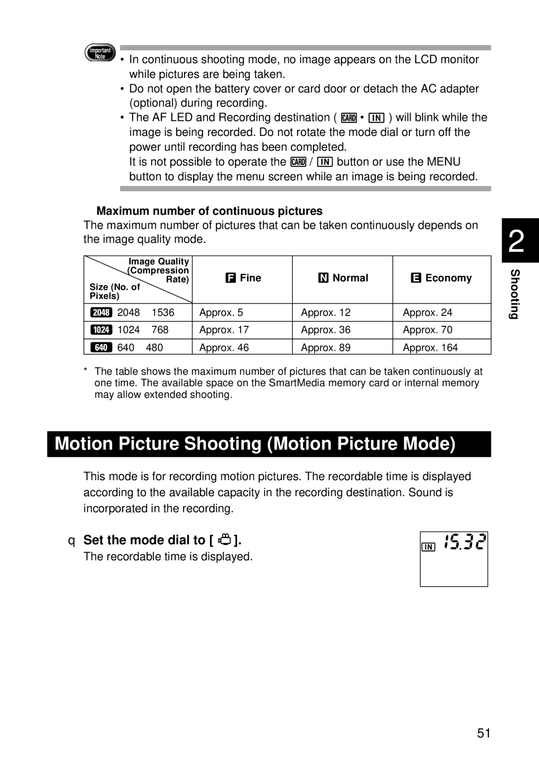 Ricoh RDC-7 manual Motion Picture Shooting Motion Picture Mode, Maximum number of continuous pictures 