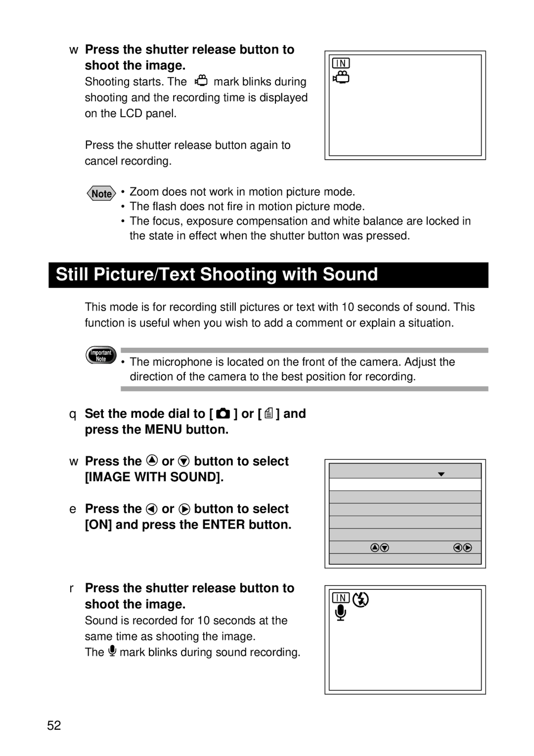 Ricoh RDC-7 manual Still Picture/Text Shooting with Sound, Press the or button to select on and press the Enter button 