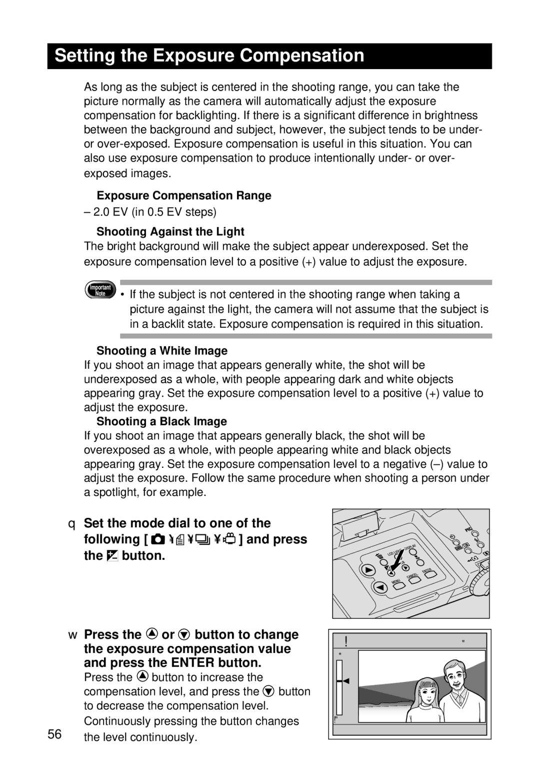 Ricoh RDC-7 manual Setting the Exposure Compensation, Exposure Compensation Range, Shooting Against the Light 