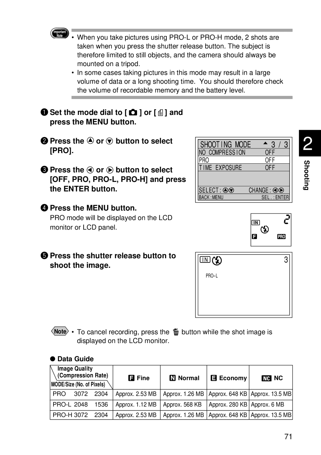 Ricoh RDC-7 manual PRO mode will be displayed on the LCD monitor or LCD panel 