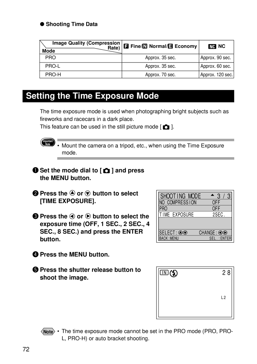 Ricoh RDC-7 manual Setting the Time Exposure Mode, Shooting Time Data 