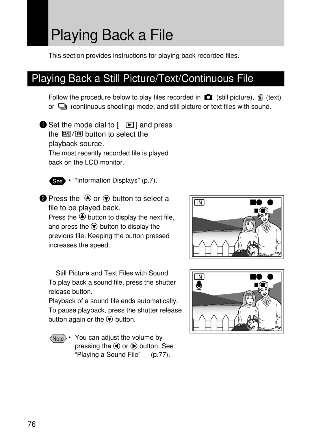 Ricoh RDC-7 manual Playing Back a File, Playing Back a Still Picture/Text/Continuous File 