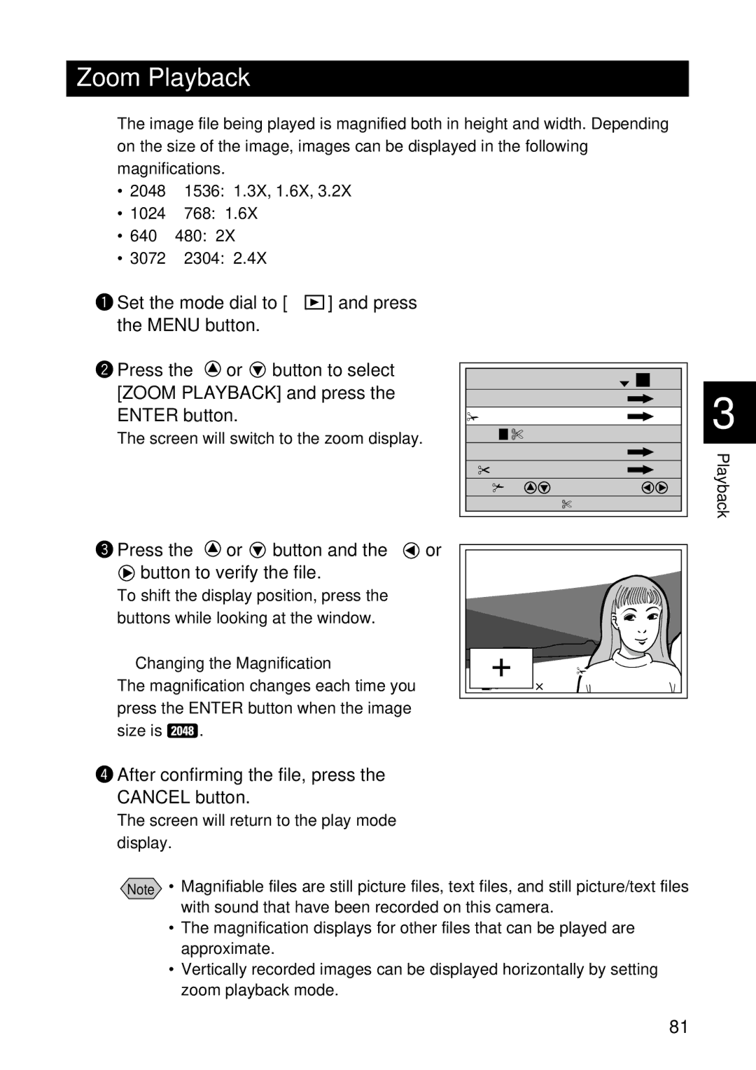 Ricoh RDC-7 manual Zoom Playback, Press the or button and the or button to verify the file, Changing the Magnification 