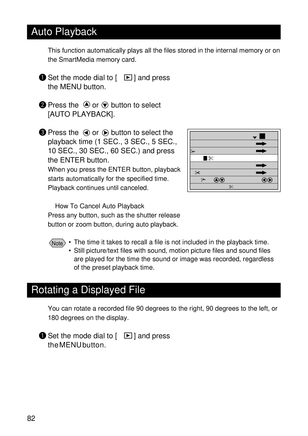 Ricoh RDC-7 manual Auto Playback, Rotating a Displayed File, Playback time 1 SEC., 3 SEC., 5 SEC 