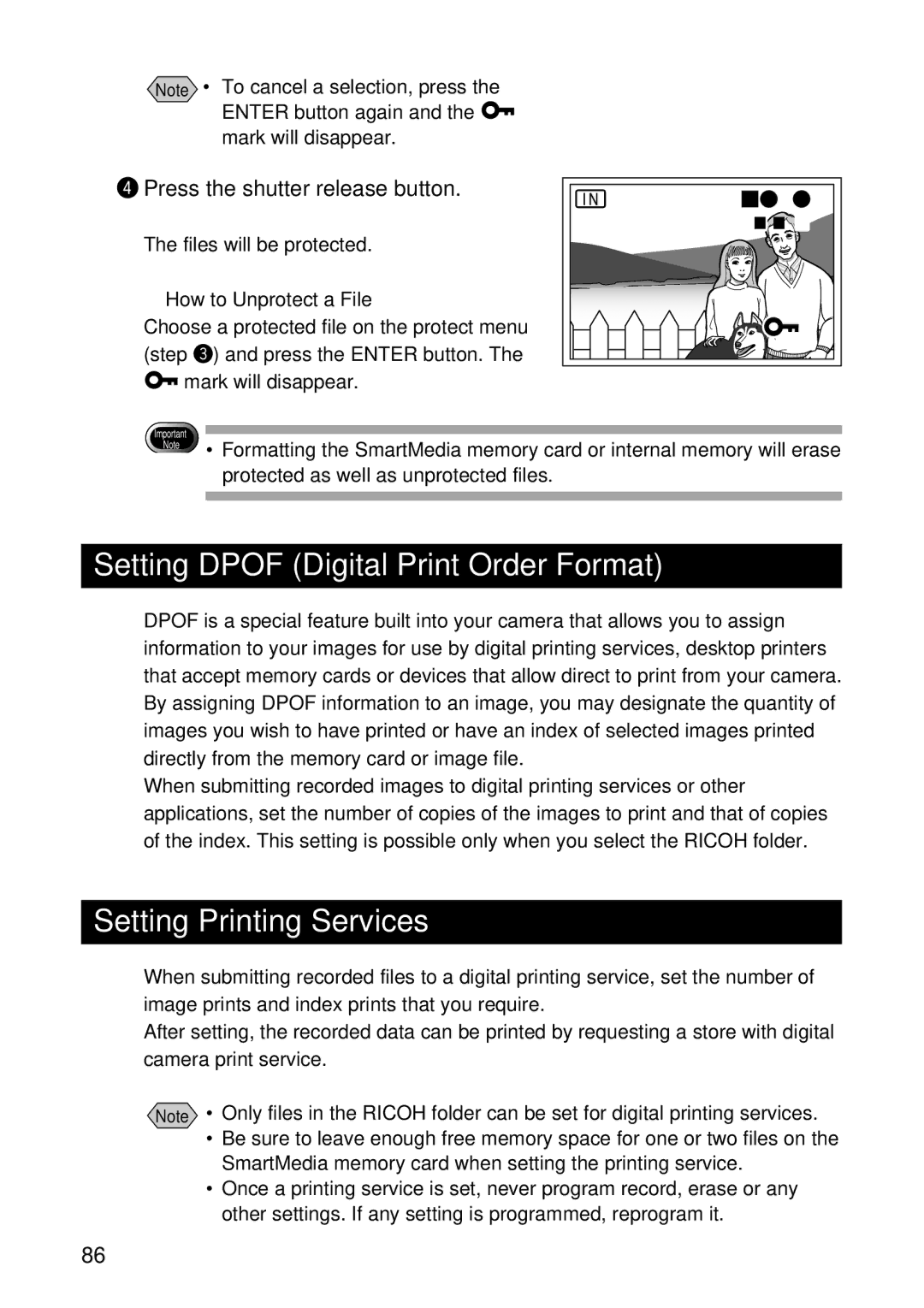 Ricoh RDC-7 manual Setting Dpof Digital Print Order Format, Setting Printing Services, How to Unprotect a File 