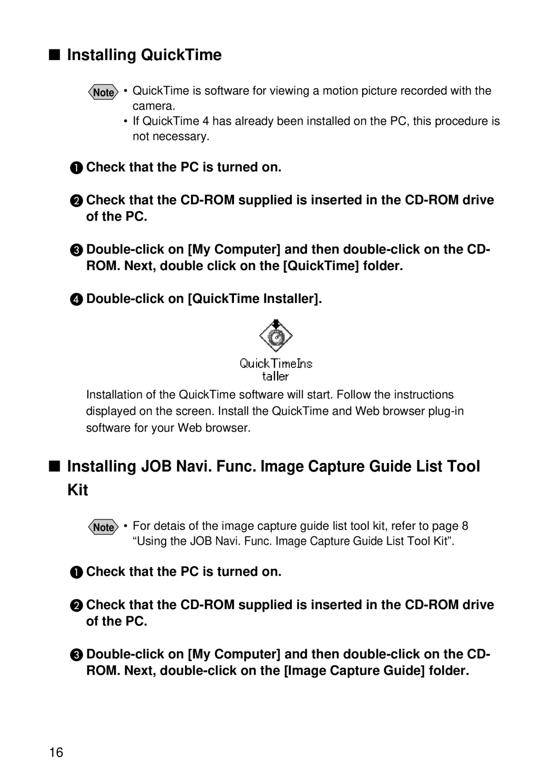 Ricoh RDC-i500 manual Installing QuickTime, Installing JOB Navi. Func. Image Capture Guide List Tool Kit 