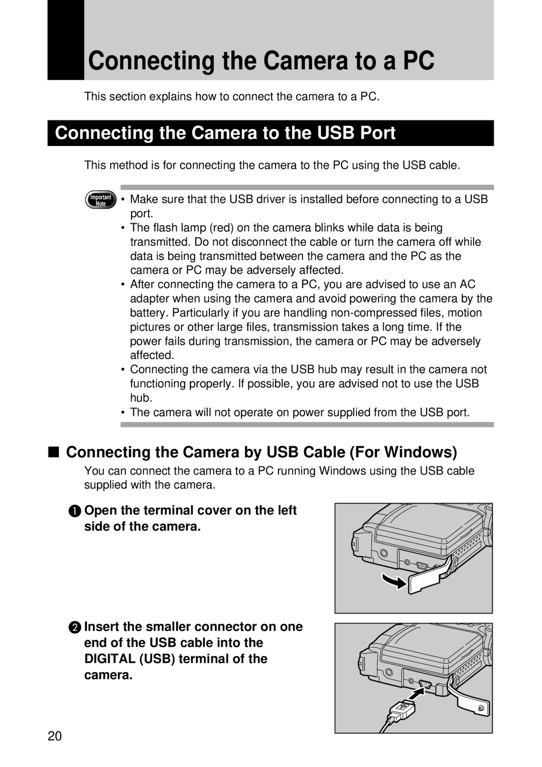 Ricoh RDC-i500 manual Connecting the Camera to the USB Port, Connecting the Camera by USB Cable For Windows 