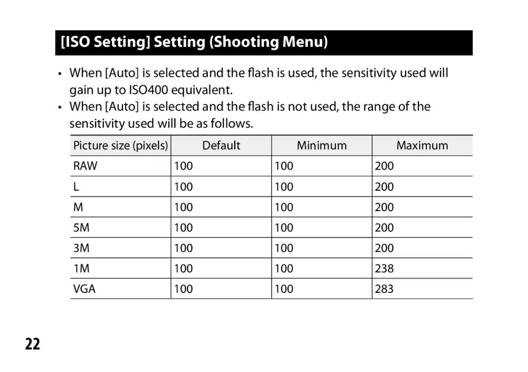 Ricoh S10 24-72MM F2.5-4.4VC instruction manual ISO Setting Setting Shooting Menu 