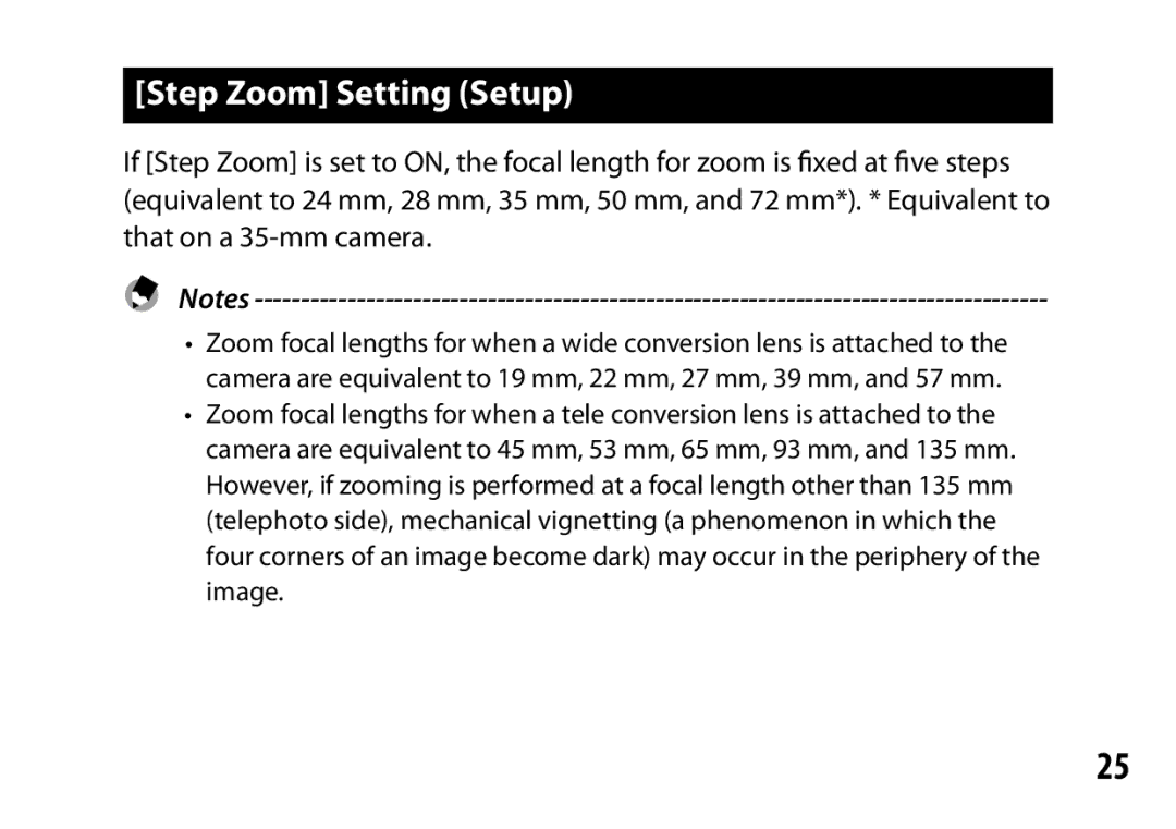 Ricoh S10 24-72MM F2.5-4.4VC instruction manual Step Zoom Setting Setup 