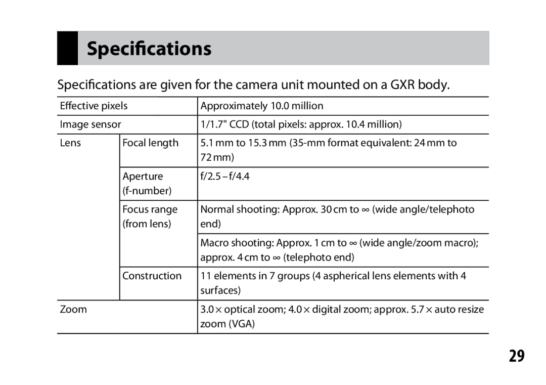 Ricoh S10 24-72MM F2.5-4.4VC instruction manual Specifications 