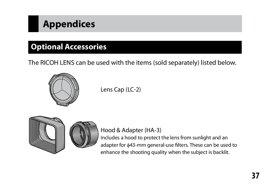 Ricoh S10 24-72MM F2.5-4.4VC instruction manual Appendices, Optional Accessories 