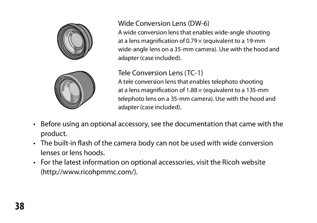 Ricoh S10 24-72MM F2.5-4.4VC instruction manual Wide Conversion Lens DW-6 