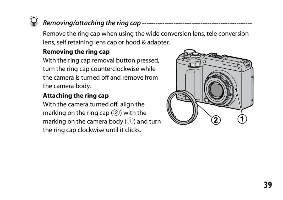 Ricoh S10 24-72MM F2.5-4.4VC instruction manual Removing/attaching the ring cap 