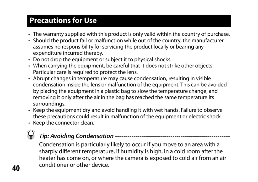 Ricoh S10 24-72MM F2.5-4.4VC instruction manual Precautions for Use, Tip Avoiding Condensation 