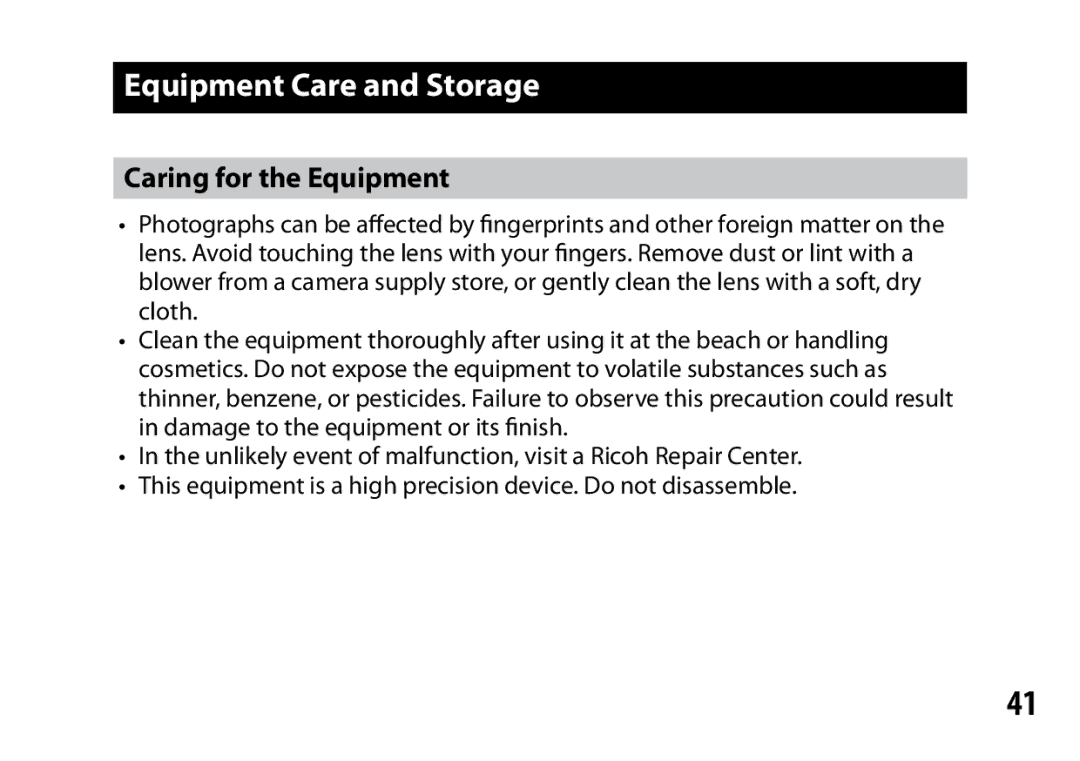 Ricoh S10 24-72MM F2.5-4.4VC instruction manual Equipment Care and Storage, Caring for the Equipment 