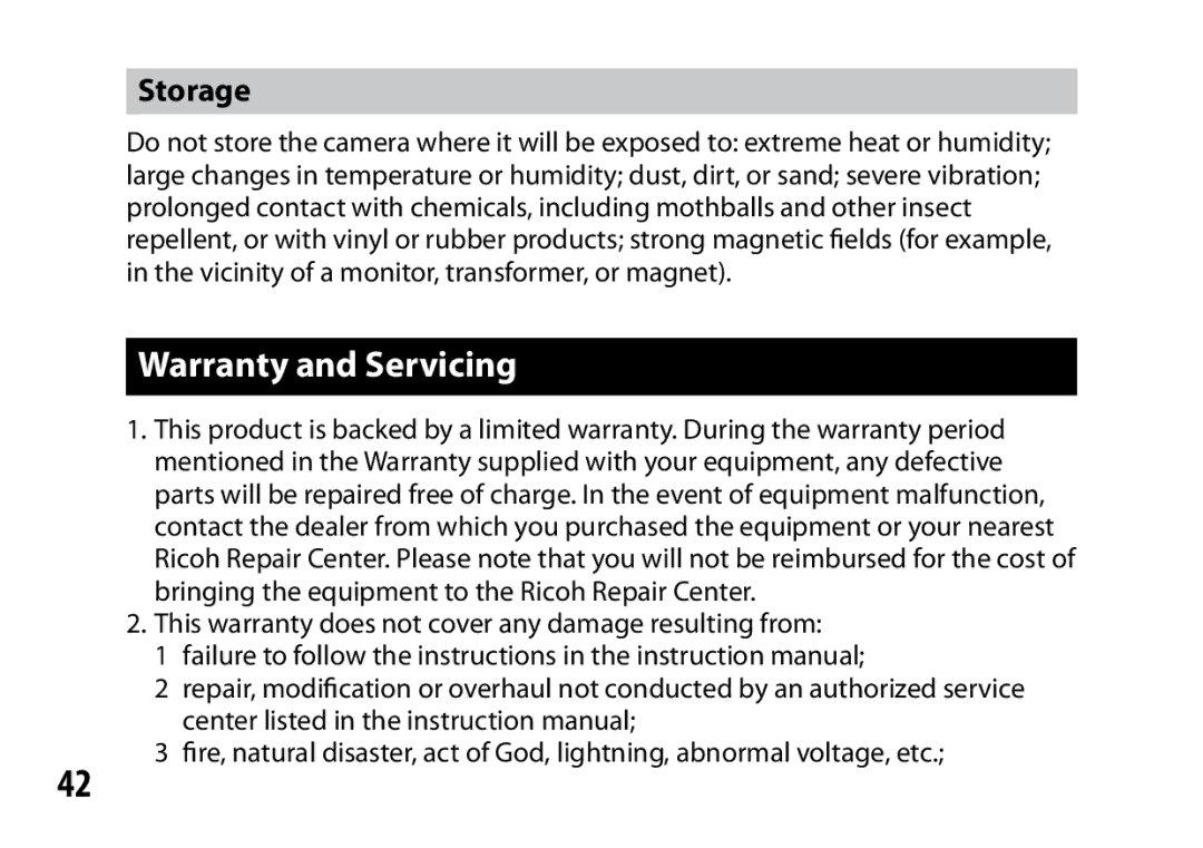 Ricoh S10 24-72MM F2.5-4.4VC instruction manual Warranty and Servicing, Storage 