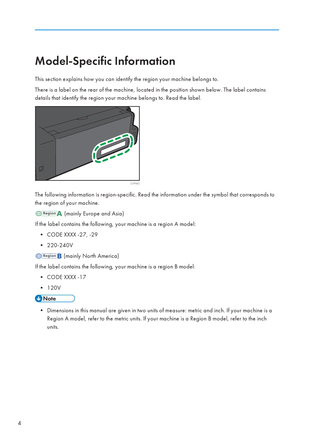 Ricoh SP 112 appendix Model-Specific Information, Code Xxxx 