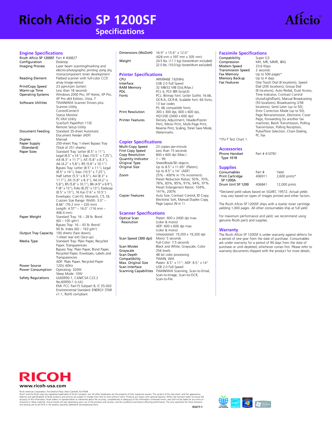 Ricoh SP 1200SF manual Specifications 